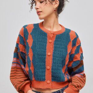 Cider Round Neck Striped Geometric Cardigan